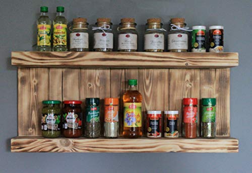 Dekorie Gewürzregal aus Holz - für die Wand oder stehend - Braun (geflammt) - 2 Stellflächen - 29 x 65 x 12 cm - Massivholz von Dekorie