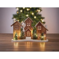 Led Haus Holz Häuser Landschaft Mit Licht Timer Batterie Braun Tannenbaum 38cm X 27cm von dekotrend24
