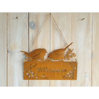 Rost Schild Tafel Willkommen Vogel Garten Innen Außen Fensterdeko Wanddeko Edelrost 31cm X 25cm von dekotrend24
