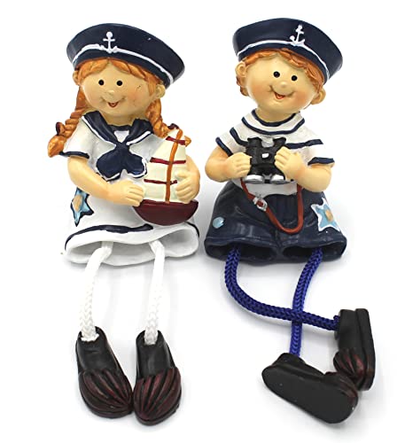 dekoundmeer 2er Set Kantenhocker Matrosen Kinder Kordelbeinchen 15 cm (Blau) von dekoundmeer