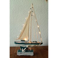 Deko Segelboot Mit Led - Licht 44cm Aus Holz U. Leinen in Türkis-Weiss von dekoundmeer