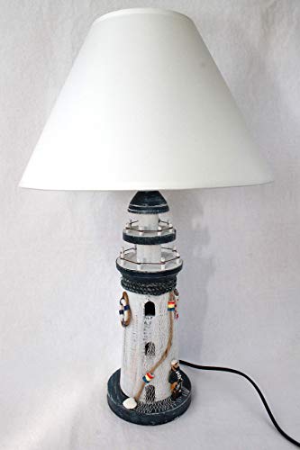 dekoundmeer Leuchtturm Lampe 50cm Holz Schirm Textil 30/12 cm weiss-blau von dekoundmeer