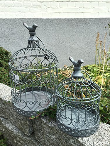 Dekokäfig Pflanzkäfig Käfig Vogelkäfig Windlicht 2er Set Garten Deko Shabby Grau von dekowonderland