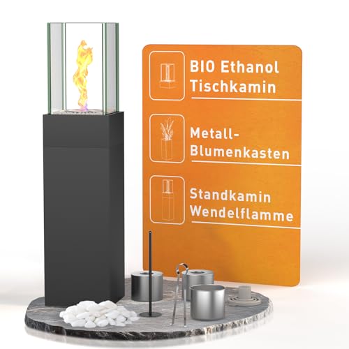 3 IN 1 Bio Ethanol Standkamin Flammenwirbel Freistehender Ethanol Tischkamin Blumenkasten aus Edelstahl Füllmenge von Unendliche Brenndauer von delemopure