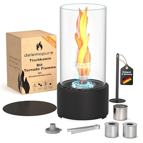 Bioethanol Tischkamin für Indoor und Outdoor Wendelflamme Windlicht Round, Tischfeuer für Garten Terrasse Balkon Tisch Deko aus Edelstahl Füllmenge von Unendliche Brenndauer von delemopure