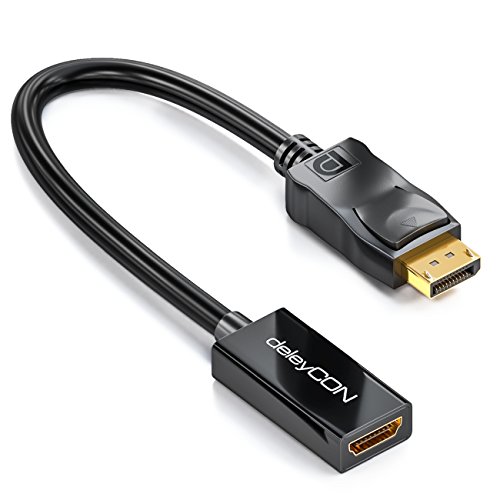 deleyCON 0,15m DisplayPort 1.2 zu HDMI 1.4 Adapter-Kabel - 4K@30Hz 2160p 1080p 3D Audioübertragung - DP Stecker auf HDMI Buchse - 3-fache Schirmung Plug&Play für TV PC MAC - Schwarz von deleyCON