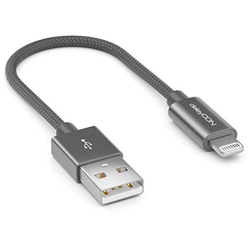 deleyCON 0,15m Lightning 8 Pin Ladekabel USB Kabel Apple MFi für iPhone 14 Pro Max 14 Pro 14 Plus 14 SE 13 Pro Max 13 Pro 13 Mini 12 Pro Max 12 Pro 12 Mini Metallstecker & Nylonkabel - Grau von deleyCON