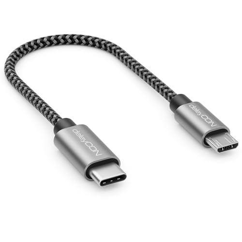 deleyCON 0,15m USB C auf Micro USB Kabel Adapter 15cm Kurz - Ladekabel & Datenkabel in Beide Richtungen - Kompatibel mit Handy Smartphone Tablet Ladegerät Notebook usw. - Schwarz von deleyCON