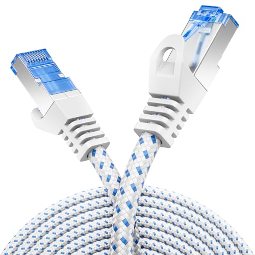 deleyCON 0,25m CAT8.1 Patchkabel LAN Kabel mit Nylonmantel und Kupferleiter - Netzwerkkabel Datenkabel S/FTP PIMF 2000 MHz 40 Gbit RJ45 Stecker CAT.8 Ethernet Kabel - Weiß von deleyCON