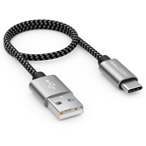 deleyCON 0,30m Nylon USB-C Kabel 30cm Kurz Ladekabel Datenkabel USB Typ C Metallstecker Laden & Synchronisieren von Handy & Smartphone von deleyCON