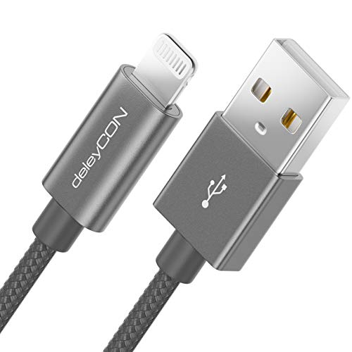deleyCON 0,5m Lightning 8 Pin Ladekabel USB Kabel Apple MFi für IPhone 14 Pro Max, 14 Plus, 13, 12, SE - Metallstecker & Nylonkabel - Grau von deleyCON