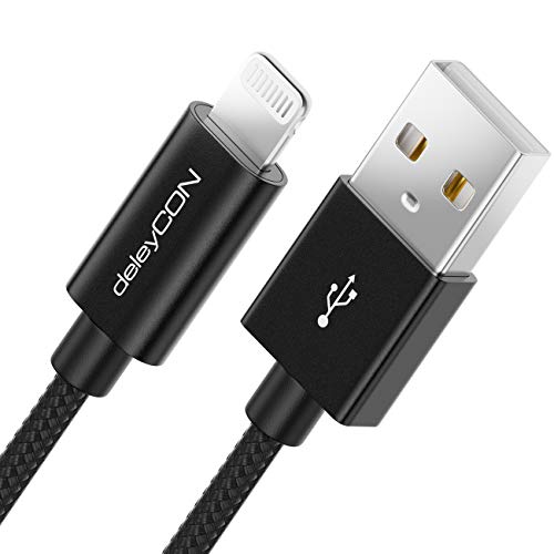 deleyCON 0,5m Lightning 8 Pin Ladekabel USB Kabel Apple MFi für iPhone 14 Pro Max 14 Pro 14 Plus 14 SE 13 Pro Max 13 Pro 13 Mini 12 Pro Max 12 Pro 12 Mini Metallstecker & Nylonkabel - Schwarz von deleyCON