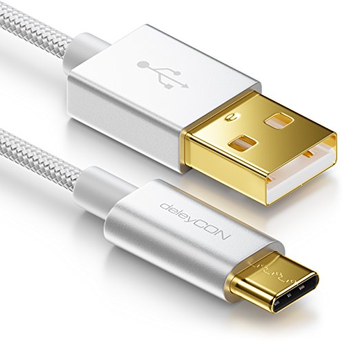 deleyCON 0,5m USB-C Kabel - Ladekabel Datenkabel - Nylon + Metallstecker - USB C auf USB A - Kompatibel mit Apple Samsung Google Huawei Xiaomi Tablet Laptop PC - Silber von deleyCON