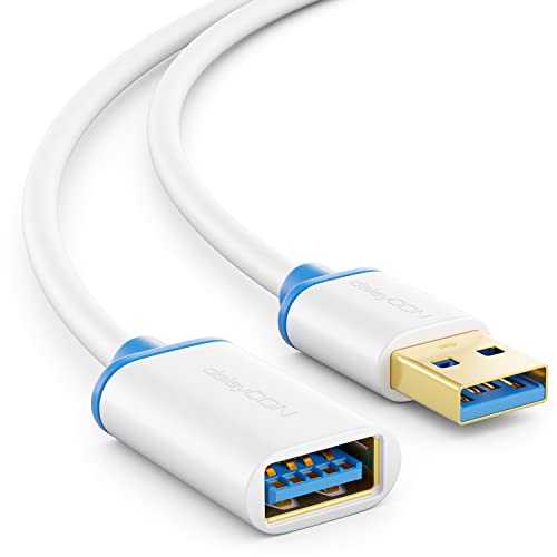 deleyCON 1,5m USB 3.0 Super Speed Verlängerungskabel - USB A-Stecker zu USB A-Buchse - USB 3.0 Super Speed Technologie bis zu 5 Gbit/s - Weiß/Blau von deleyCON