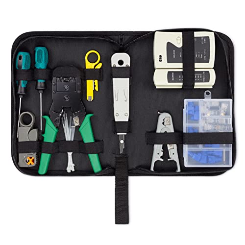 deleyCON 10-teiliges Netzwerk Werkzeug Set Mit Tasche Kabeltester Crimpzange LSA Auflegewerkzeug Abisolierzange IT Computer Netzwerk LAN CAT Werkzeug RJ11 RJ12 RJ45 Weiß Grün von deleyCON