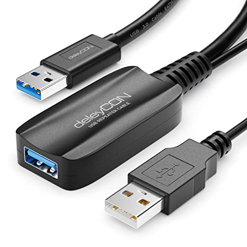 deleyCON 10m Aktive USB Verlängerung mit Signalverstärker USB 3.2 Gen1 (USB3.0 mit 5 GBit/s) USB-A auf USB-A PC Computer Laptop Drucker Scanner von deleyCON