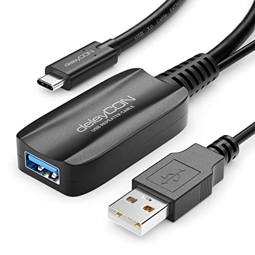 deleyCON 10m Aktive USB Verlängerung mit Signalverstärker USB 3.2 Gen1 (USB3.0 mit 5 GBit/s) USB-C auf USB-A PC Computer Laptop Smartphone Tablet von deleyCON