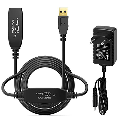 deleyCON 10m Aktives USB 3.0 Kabel Aktive Verlängerung mit 2 Signalverstärker & Netzteil USB3.0 Repeaterkabel Verlängerungskabel PC Computer Drucker Scanner von deleyCON