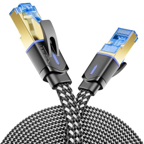 deleyCON 10m CAT 8 Netzwerkkabel Flach (Nylon, 40 Gbit/s, Kupfer Leiter) Gigabit Ethernet LAN Cable - Flaches Kabel Flachkabel Patchkabel Verlegekabel - RJ45 Stecker für CAT8 CAT7 CAT6 - Schwarz von deleyCON