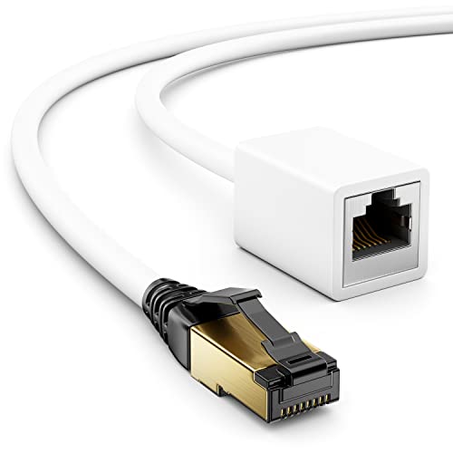 deleyCON 10m CAT8.1 RJ45 Verlängerung Patchkabel Netzwerkkabel 40 GBit/s 2000 MHz S/FTP Kupfer PiMF 1x RJ45 Stecker 1x RJ45 Buchse für Ethernet LAN Gaming Streaming - Weiß von deleyCON