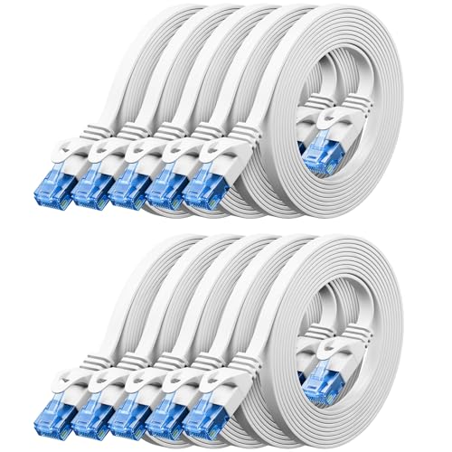 deleyCON 10x 0,25m CAT6 Flaches Netzwerkkabel 1,5 mm Flachkabel Flachbandkabel U-UTP RJ45 - UUTP Patchkabel für DSL LAN Switch Router Modem Repeater Patchpanel - Weiß von deleyCON