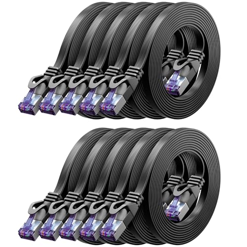 deleyCON 10x 0,5m Flaches CAT7 Netzwerkkabel (CAT 7 mit 10 Gbit/s) Gigabit LAN - RJ45 Ethernet Kurzes Patchkabel Flach - für Internet Switch Router Modem Patchpanel - Schwarz von deleyCON