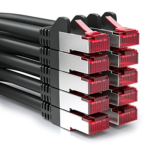 deleyCON 10x 1m CAT6 Patchkabel S/FTP PIMF Schirmung CAT-6 RJ45 Netzwerkkabel Ethernetkabel LAN DSL Switch Router Modem Access Point Patchfelder - Schwarz von deleyCON