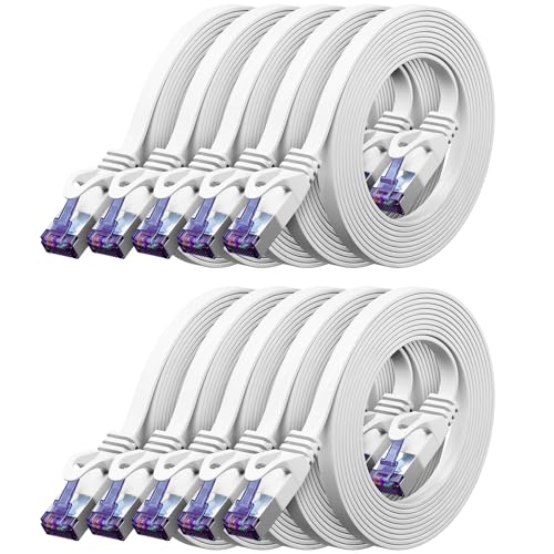 deleyCON 10x 1m Flaches CAT7 Netzwerkkabel (CAT 7 mit 10 Gbit/s) Gigabit LAN - RJ45 Ethernet Kurzes Patchkabel Flach - für Internet Switch Router Modem Patchpanel - Weiß von deleyCON