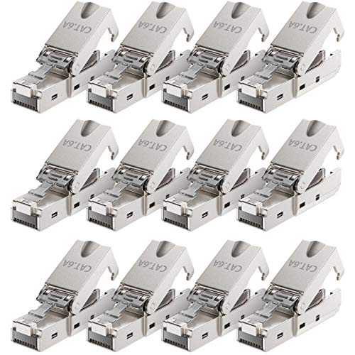 deleyCON 12x CAT 6a Werkzeugloser RJ45 Netzwerkstecker mit LSA Anschluss für Starre Verlegekabel Geschirmt 10 Gbit/s LAN Kabel Netzwerkkabel Stecker CAT6a Metallgehäuse von deleyCON