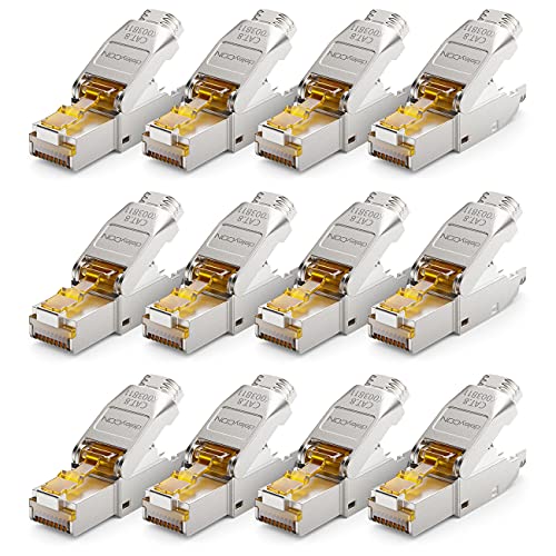 deleyCON 12x CAT 8 Netzwerkstecker RJ45 Werkzeuglos Geschirmt 40 Gbit/s Netzwerk Stecker für Starre Verlegekabel Rohkabel Steckverbinder RJ45 Ethernet LAN DSL Patchkabel von deleyCON