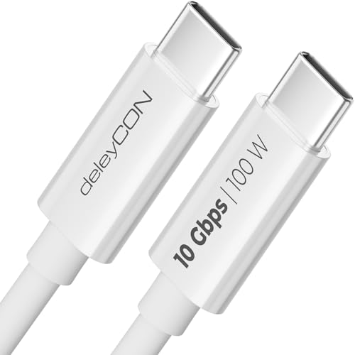 deleyCON 1m USB C Kabel USB3.2 Gen2 (10 Gbit/s + 100W Fast Charge) Ladekabel Datenkabel für SDD HDD Apple iPhone 16 15 Pro Max Samsung Galaxy S25 S24 S23 iPad MacBook IMac Tablet Switch PS5 Weiß von deleyCON
