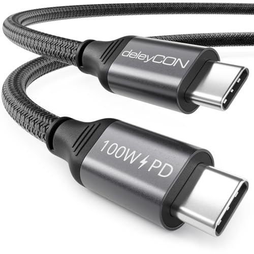 deleyCON 1m USB C Kabel PD3.0 (100W Schnellladekabel) Ladekabel USB-C auf USB-C für iPhone 16 15 Pro Max Samsung Galaxy S25 S24 S23 S22 Pixel iPad Pro MacBook Air Tablets Switch PS5 von deleyCON