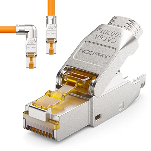 deleyCON 1x CAT 6a Netzwerkstecker 90° Winkel Stecker RJ45 Werkzeuglos Geschirmt 10 Gbit/s Netzwerk Stecker für Starre Verlegekabel Rohkabel Steckverbinder RJ45 Ethernet LAN DSL Patchkabel von deleyCON