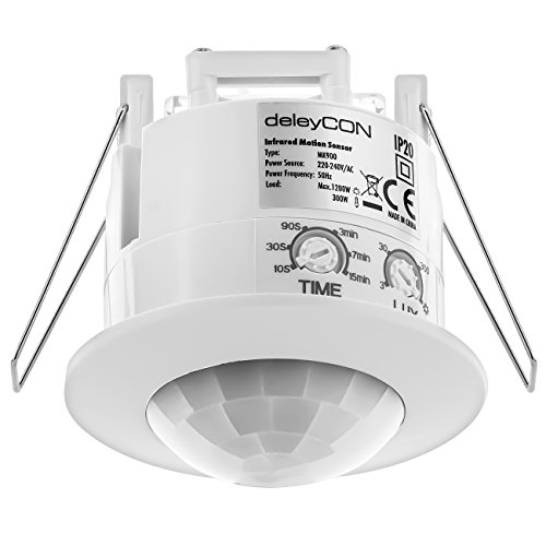 deleyCON 1x Infrarot Bewegungsmelder Unterputz Deckenmontage Innenbereich Lichtsteuerung 360° Arbeitsfeld 6m Reichweite eingebauter Lichtsensor Weiß von deleyCON