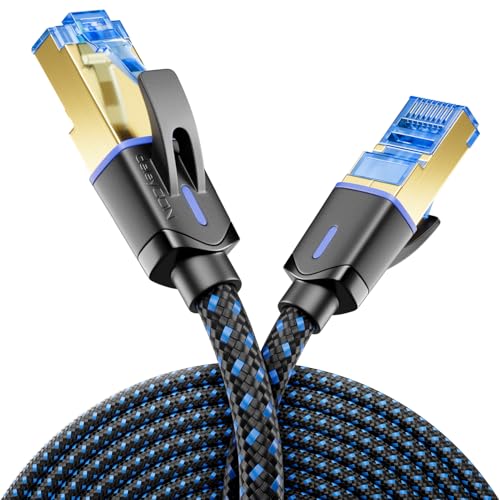 deleyCON 20m CAT 8 Netzwerkkabel (40 Gbit/s, Nylon, 100% Kupfer) S/FTP PIMF - Gigabit Ethernet Patchkabel LAN Kabel Cable - RJ45 Stecker für CAT8 CAT7 CAT6 POE PS5 Router PC Laptop - Schwarz von deleyCON