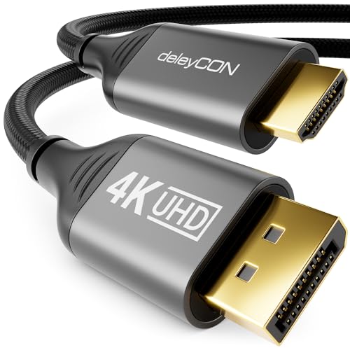 deleyCON 2m 4K DisplayPort 1.4 auf HDMI 2.0 Kabel mit Aluminium Stecker 4K@60Hz DP HDMI Anschlusskabel - Kompatibel mit AMD NVIDIA PC Computer Monitor Beamer Projektor von deleyCON