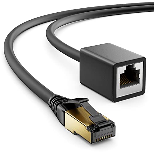 deleyCON 2m CAT8.1 RJ45 Verlängerung Patchkabel Netzwerkkabel 40 GBit/s 2000 MHz S/FTP Kupfer PiMF 1x RJ45 Stecker 1x RJ45 Buchse für Ethernet LAN Gaming Streaming - Schwarz von deleyCON