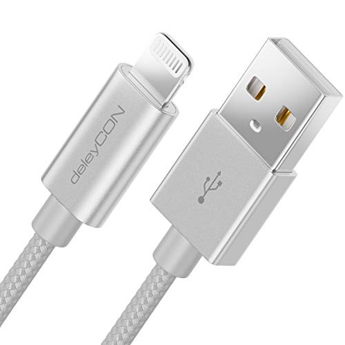 deleyCON 2m Lightning 8 Pin Ladekabel USB Kabel Apple MFi für iPhone 14 Pro Max 14 Pro 14 Plus 14 SE 13 Pro Max 13 Pro 13 Mini 12 Pro Max 12 Pro 12 Mini Metallstecker & Nylonkabel - Silber von deleyCON