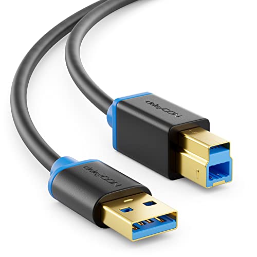 deleyCON 2m USB 3.0 Super Speed Kabel USB A-Stecker zu USB B-Stecker Datenkabel bis zu 5 Gbit/s für z.B. Drucker Scanner Multifunktionsdruckern Schwarz von deleyCON