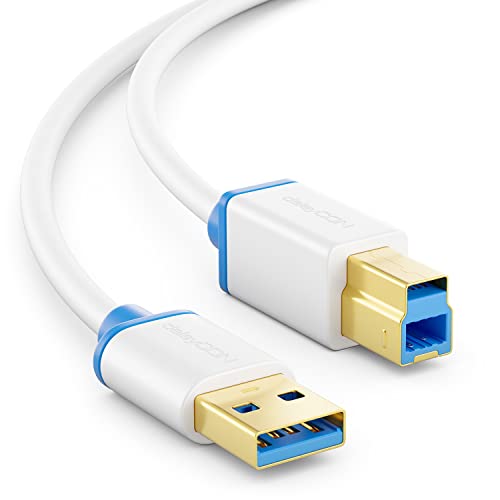 deleyCON 2m USB 3.0 Super Speed Kabel USB A-Stecker zu USB B-Stecker Datenkabel bis zu 5 Gbit/s für z.B. Drucker Scanner Multifunktionsdruckern Weiß von deleyCON