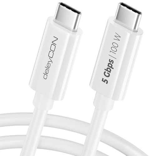 deleyCON 2m USB C Kabel (100W Schnellladekabel + Datenkabel 5 Gbit/s) USB-C Ladekabel für iPhone 16 15 Pro Max Samsung Galaxy S25 S24 S23 Pixel iPad Pro MacBook Air Tablets Switch PS5 - Weiß von deleyCON
