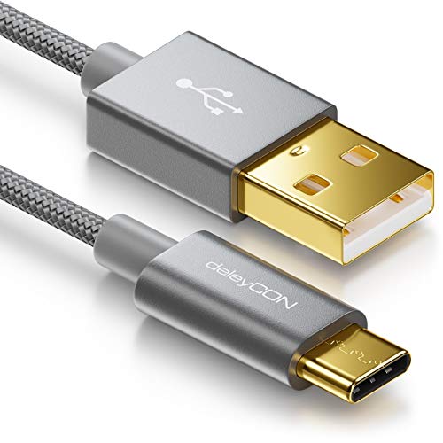 deleyCON 2m USB-C Kabel - Ladekabel Datenkabel - Nylon + Metallstecker - USB C auf USB A - Kompatibel mit Apple Samsung Google Huawei Xiaomi Tablet Laptop PC - Grau von deleyCON