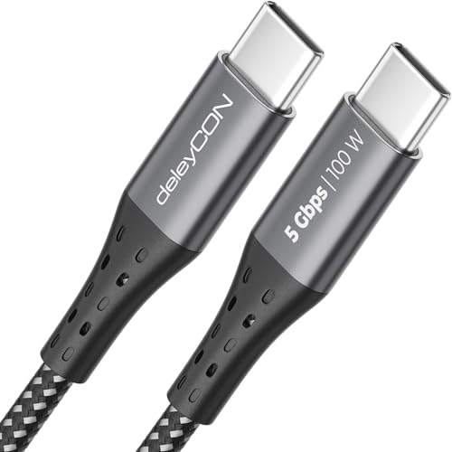 deleyCON 2m USB C Kabel PD3.0 (100W Schnellladekabel + Datenkabel 5 Gbit/s) Ladekabel USB-C auf USB-C für iPhone 17 16 15 Pro Max Air Galaxy S25 S24 S23 Pixel iPad Pro MacBook Air Tablets Switch PS5 von deleyCON