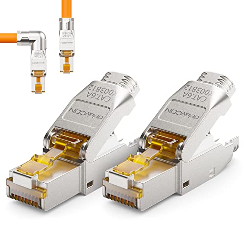 deleyCON 2x CAT 6a Netzwerkstecker 90° Winkel Stecker RJ45 Werkzeuglos Geschirmt 10 Gbit/s Netzwerk Stecker für Starre Verlegekabel Rohkabel Steckverbinder RJ45 Ethernet LAN DSL Patchkabel von deleyCON