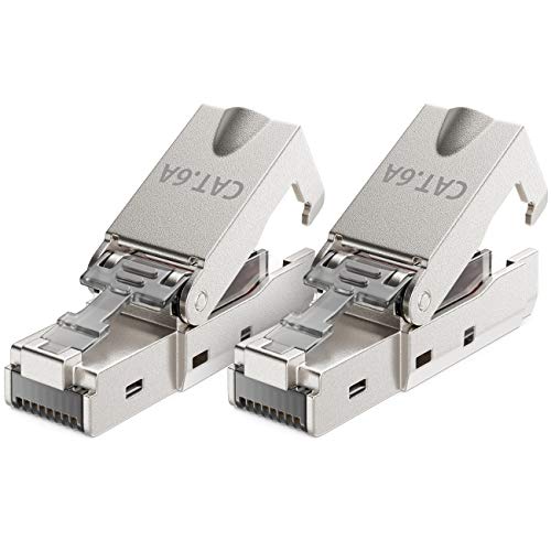 deleyCON 2x CAT 6a Werkzeugloser RJ45 Netzwerkstecker mit LSA Anschluss für Starre Verlegekabel Geschirmt 10 Gbit/s LAN Kabel Netzwerkkabel Stecker CAT6a Metallgehäuse von deleyCON