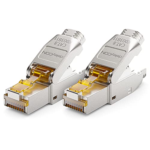 deleyCON 2x CAT 8 Netzwerkstecker RJ45 Werkzeuglos Geschirmt 40 Gbit/s Netzwerk Stecker für Starre Verlegekabel Rohkabel Steckverbinder RJ45 Ethernet LAN DSL Patchkabel von deleyCON