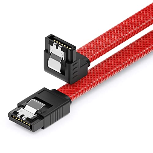 deleyCON 30cm SATA 3 Kabel Nylon 6 Gbit/s Datenkabel SATA III Anschlusskabel Serial ATA Verbindungskabel für Mainboard & Festplatte HDD SSD 1 S-ATA L-Stecker 90° Gewinkelt Rot von deleyCON