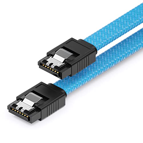 deleyCON 30cm SATA 3 Kabel Nylon 6 Gbit/s Datenkabel SATA III Anschlusskabel Serial ATA Verbindungskabel für Mainboard & Festplatte HDD SSD 2 S-ATA L-Stecker Gerade Blau von deleyCON