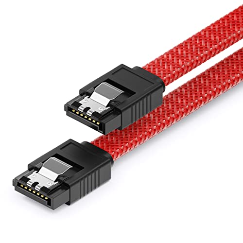 deleyCON 30cm SATA 3 Kabel Nylon 6 Gbit/s Datenkabel SATA III Anschlusskabel Serial ATA Verbindungskabel für Mainboard & Festplatte HDD SSD 2 S-ATA L-Stecker Gerade Rot von deleyCON