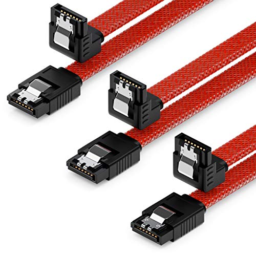 deleyCON 3x 50cm SATA 3 Nylon Kabel Set Datenkabel 6 Gbit/s Anschlusskabel Verbindungskabel Mainboard HDD SSD Festplatte 1 S-ATA Stecker 90° Gewinkelt Rot von deleyCON